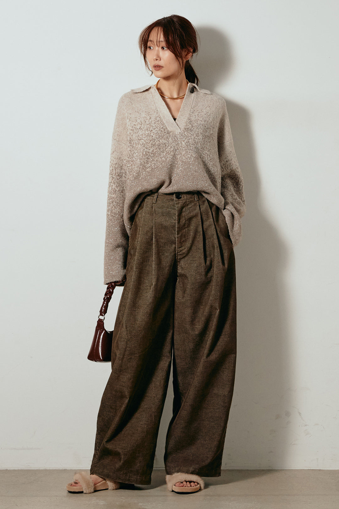 [SET]グラデーションラメニットキーネックプルオーバー+フロントタック入りコーデュロイパンツ(2set)