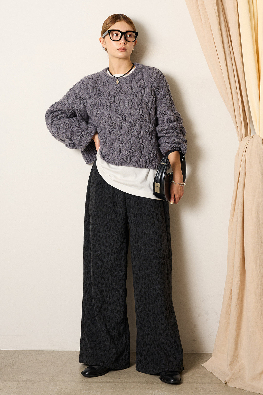 [SET]ケーブルリラックスショートニット+レオパードジャガードニットパンツ(2set)