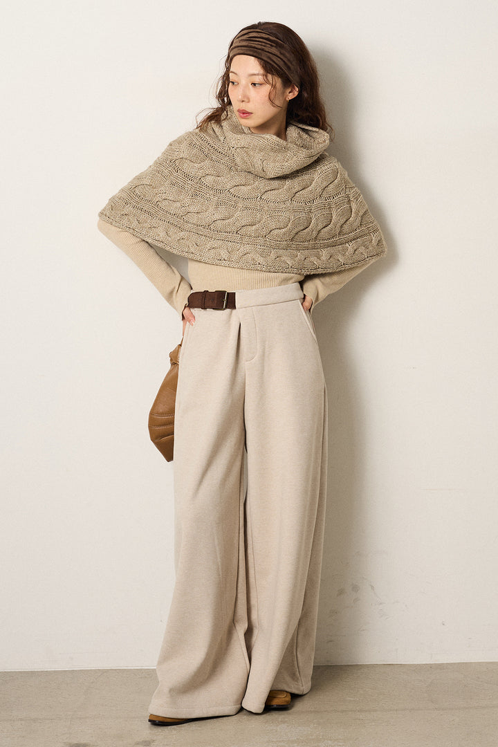[SET]ケーブル編みケープレイヤードニット+サイドベルトパンツ(2set)