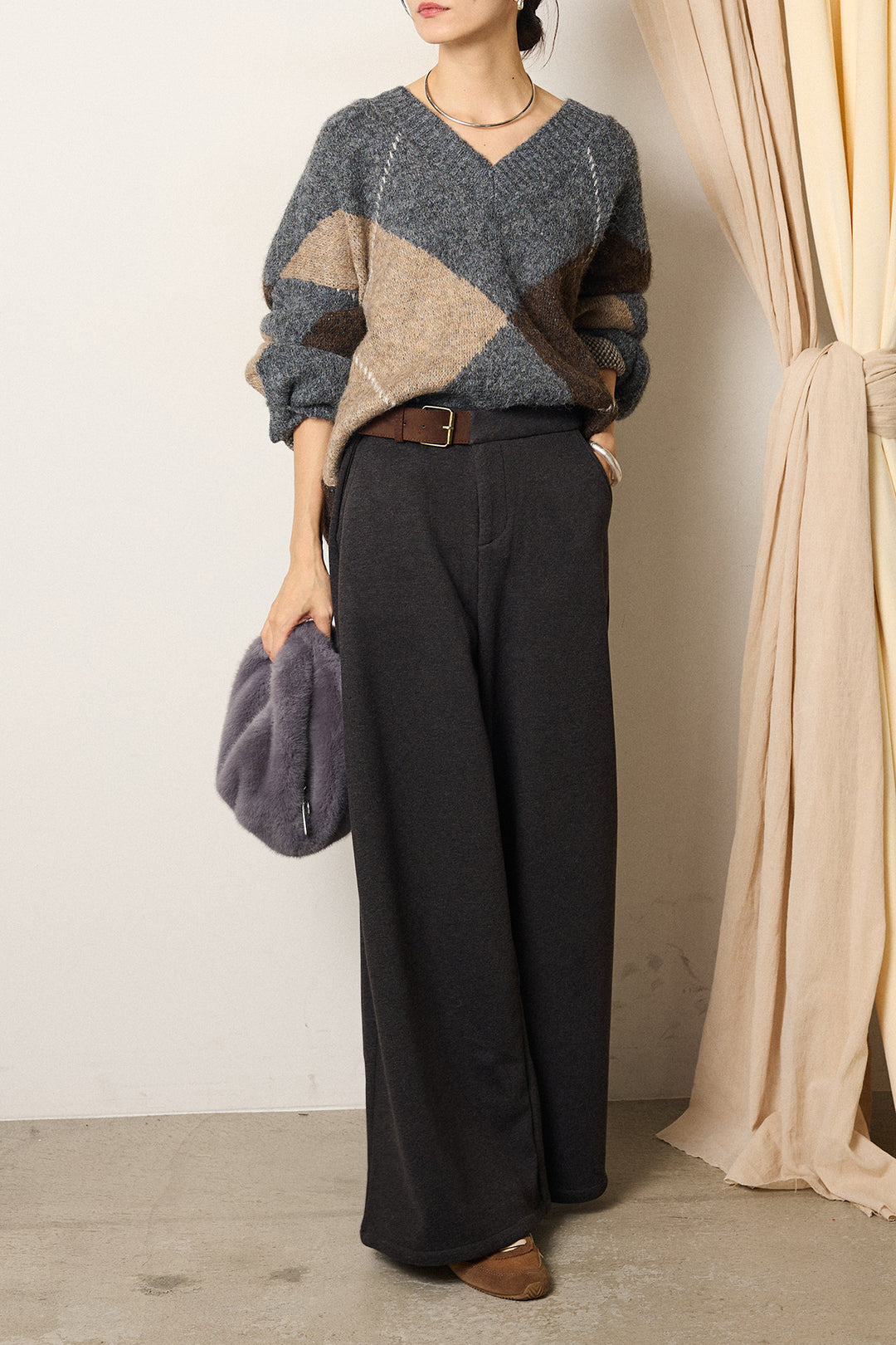 [SET]ルーズアーガイルVネックニット+サイドベルトパンツ(2set)
