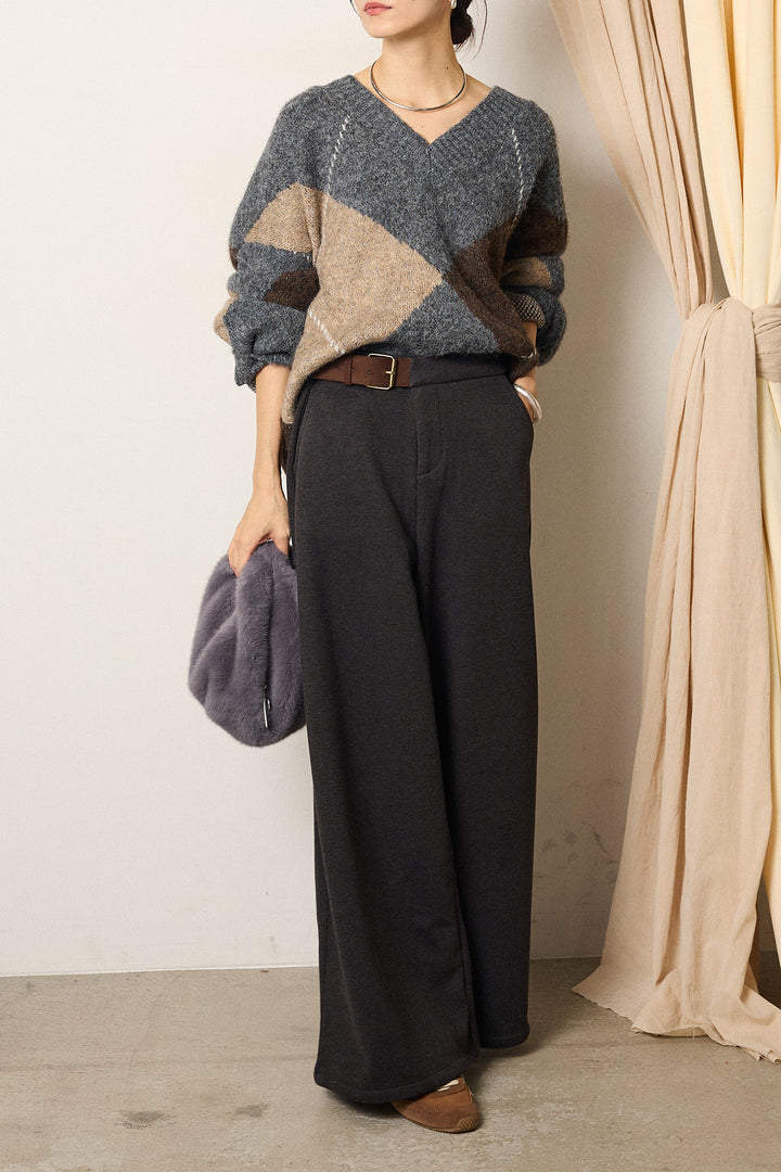 [SET]ルーズアーガイルVネックニット+サイドベルトパンツ(2set)