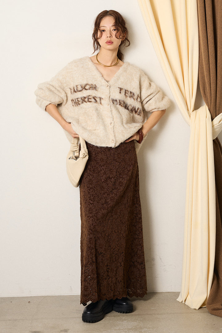 [SET]ウール混透かしロゴニットカーディガン+花柄刺繍ベロアフレアスカート(2set)