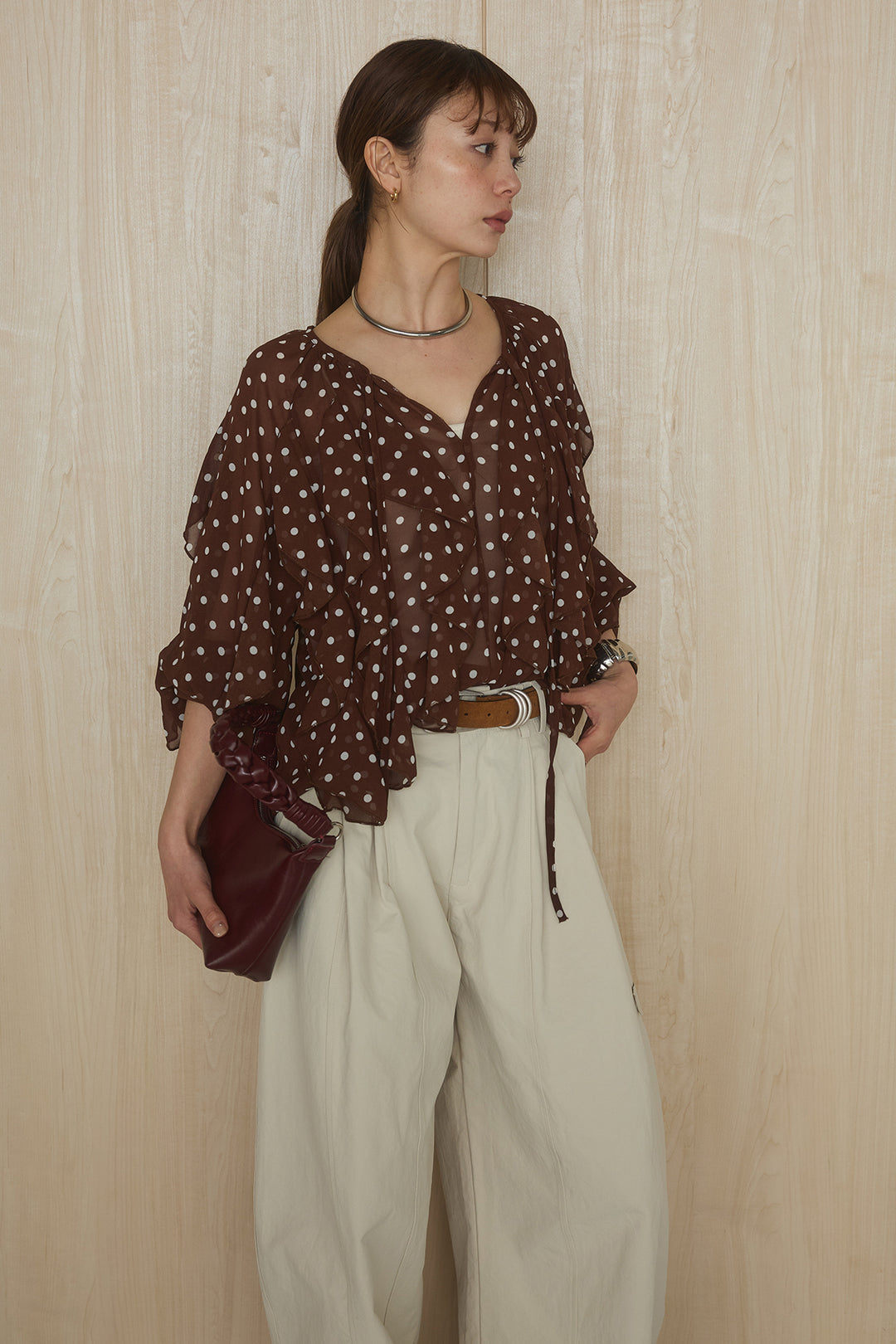 [SET]ドットフリル長袖ブラウス+コットンポリツータックセンターシームカーブパンツ(2set)