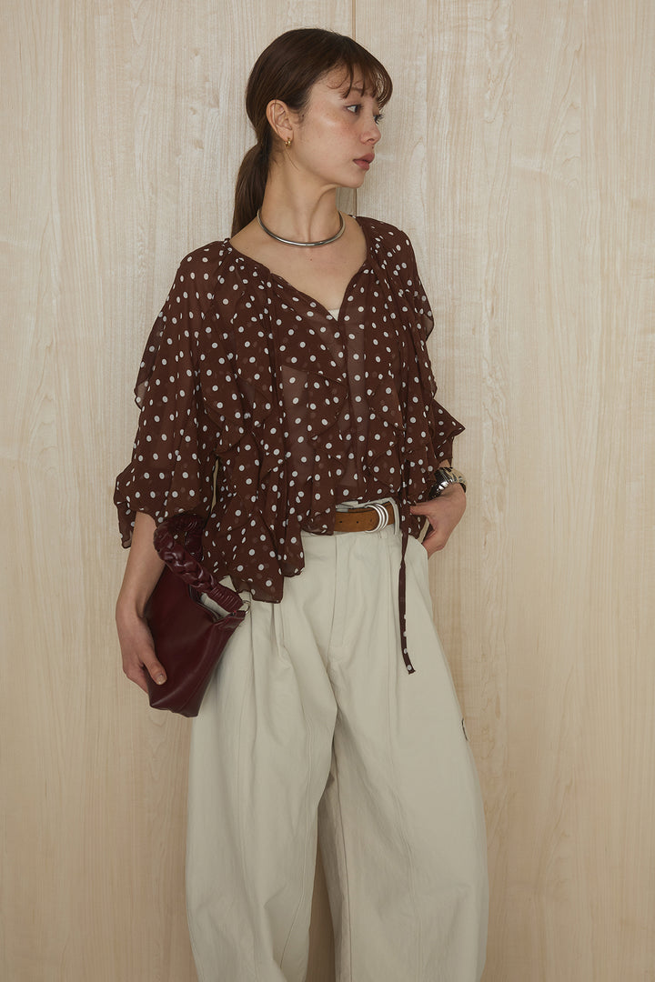 [SET]ドットフリル長袖ブラウス+コットンポリツータックセンターシームカーブパンツ(2set)