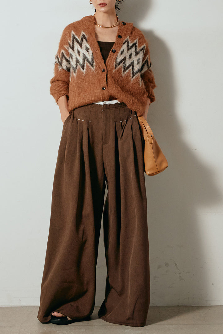 [SET]起毛ノルディック柄ニットカーディガン+ウエストステッチデザインワイドスラックス(2set)