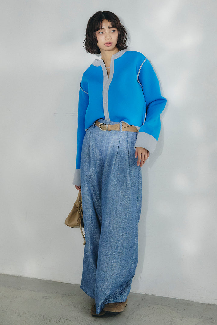 [SET]リバーシブル配色ニットカーディガン+デニムライクヘリンボーンタックパンツ(2set)