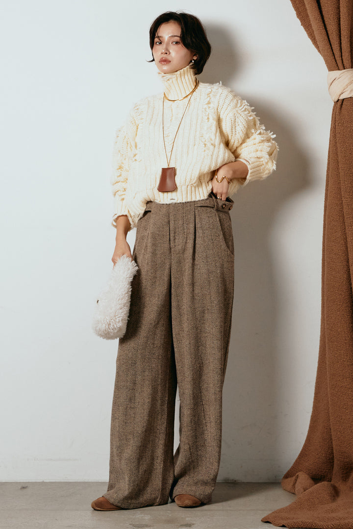 [SET]フリンジタートルショートニット+クラシックヘリンボーンサロペット(2set)