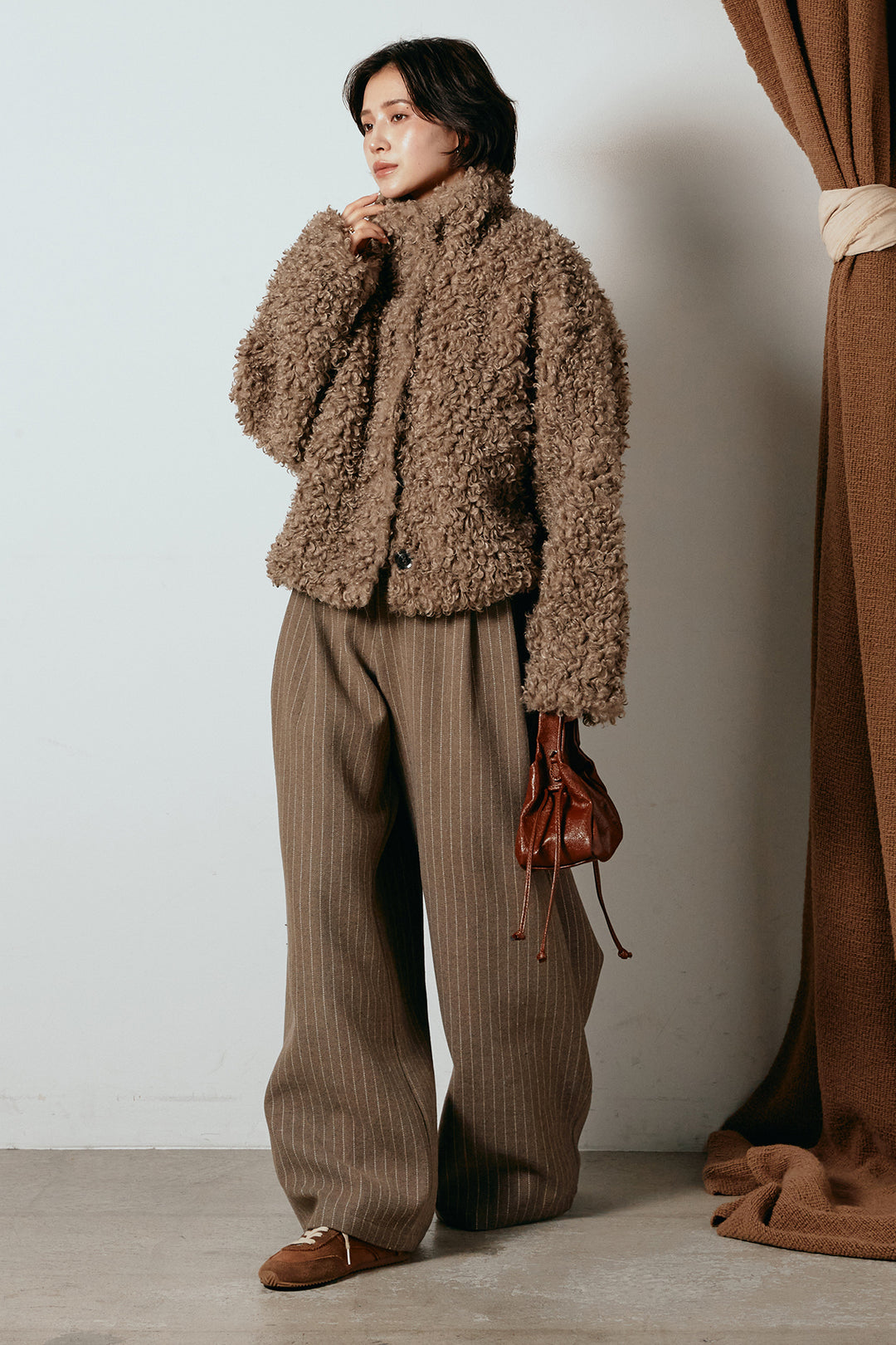 [SET]プードルファーミドルジャケット+ウールライクストライプパンツ(2set)