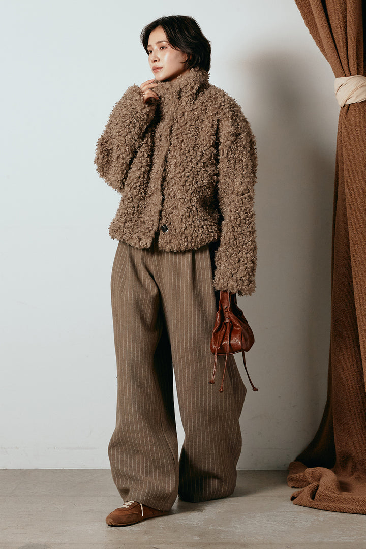 [SET]プードルファーミドルジャケット+ウールライクストライプパンツ(2set)