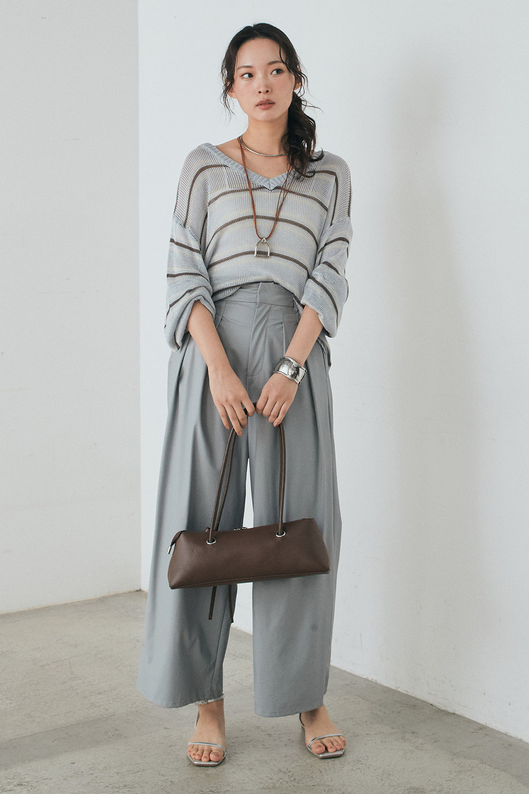 [SET]綿タッチVネックボーダートップス+ウォッシャブルエコレザータックパンツ(2set)