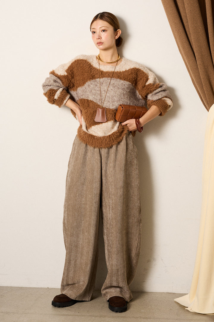 [SET]シャギーウェーブ柄クルーネックニットトップス+かすれデザインワイドパンツ(2set)