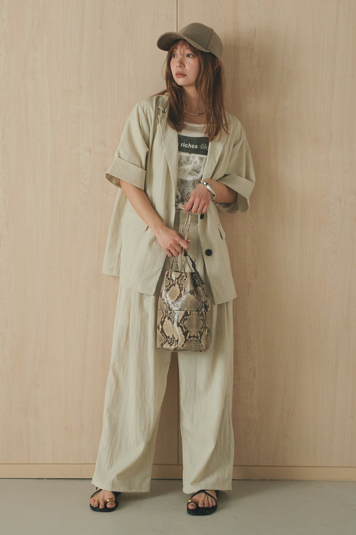 [SET]リネンライクテーラードハーフスリーブジャケット+リネンライク2タックワイドパンツ+半袖モノトーングラフィックトップス(3set)