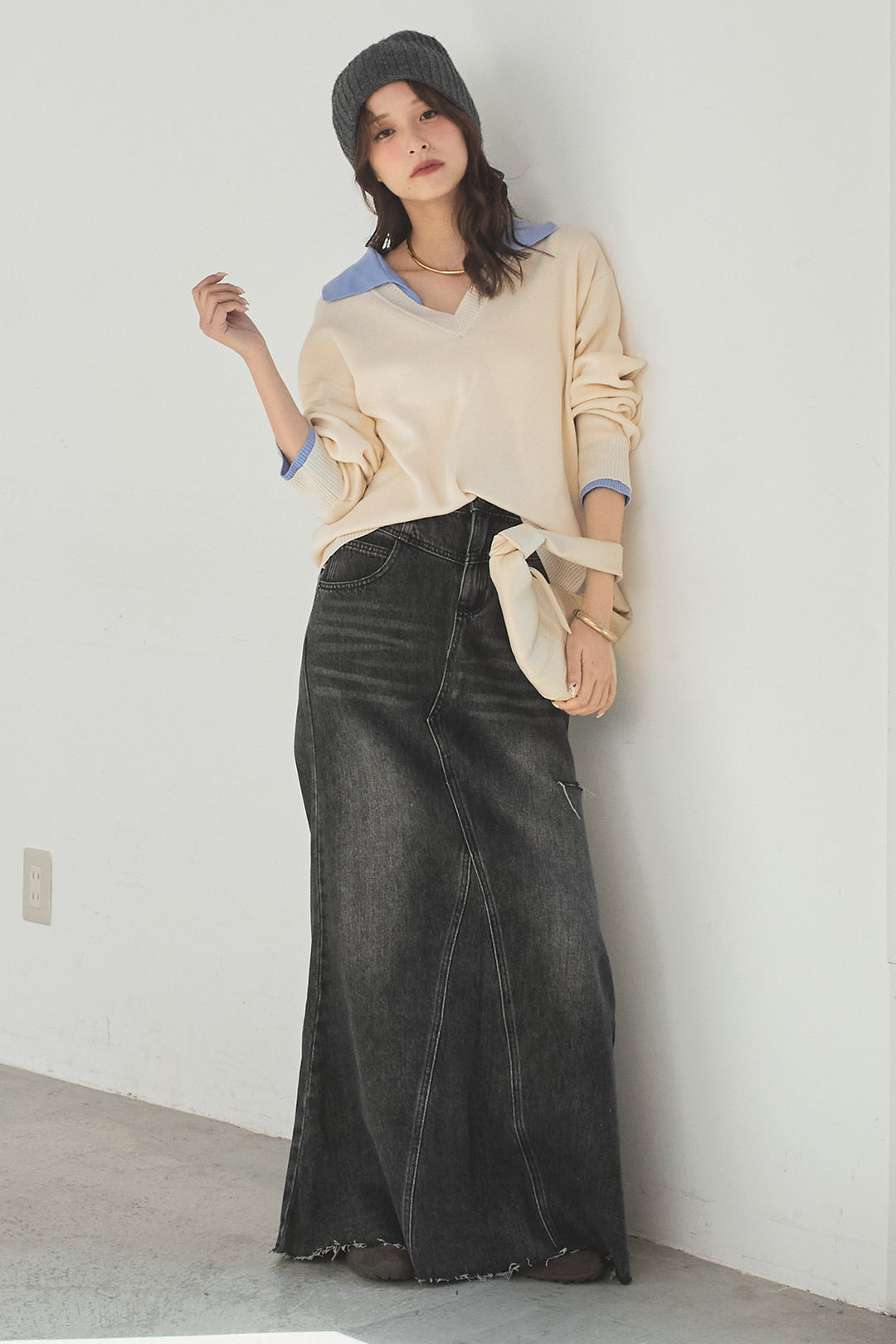 [SET]バイカラーニットレイヤード風プルオーバー+Aラインデニムスカート(2set)