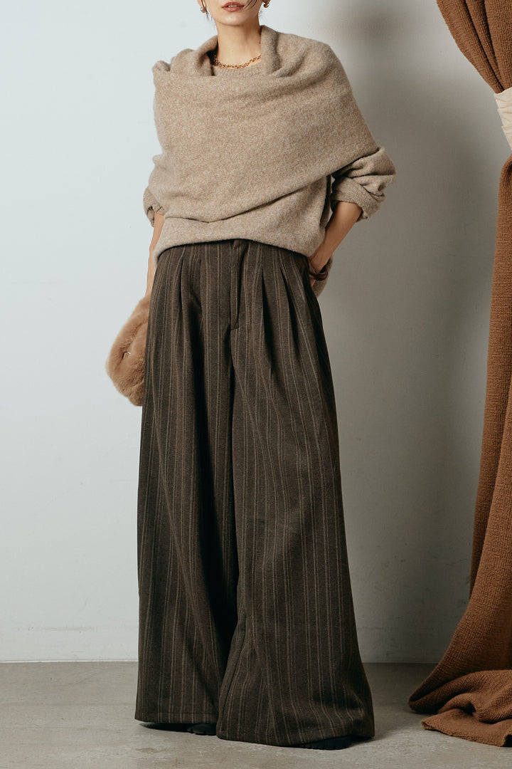 [SET]ネック巻きデザインニットトップス+タック入りマルチストライプ柄ワイドパンツ(2set)
