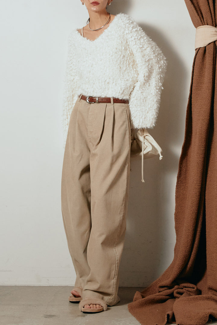 [SET]深Vネックチョウチョヤーンニットトップス+フロントタック入りコーデュロイパンツ(2set)