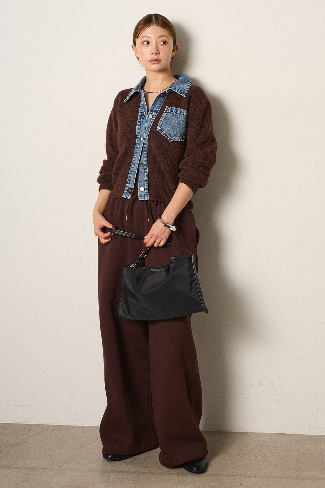 [SET]襟付きデニム切替ニットカーディガン+裏起毛スウェットワイドパンツ(2set)