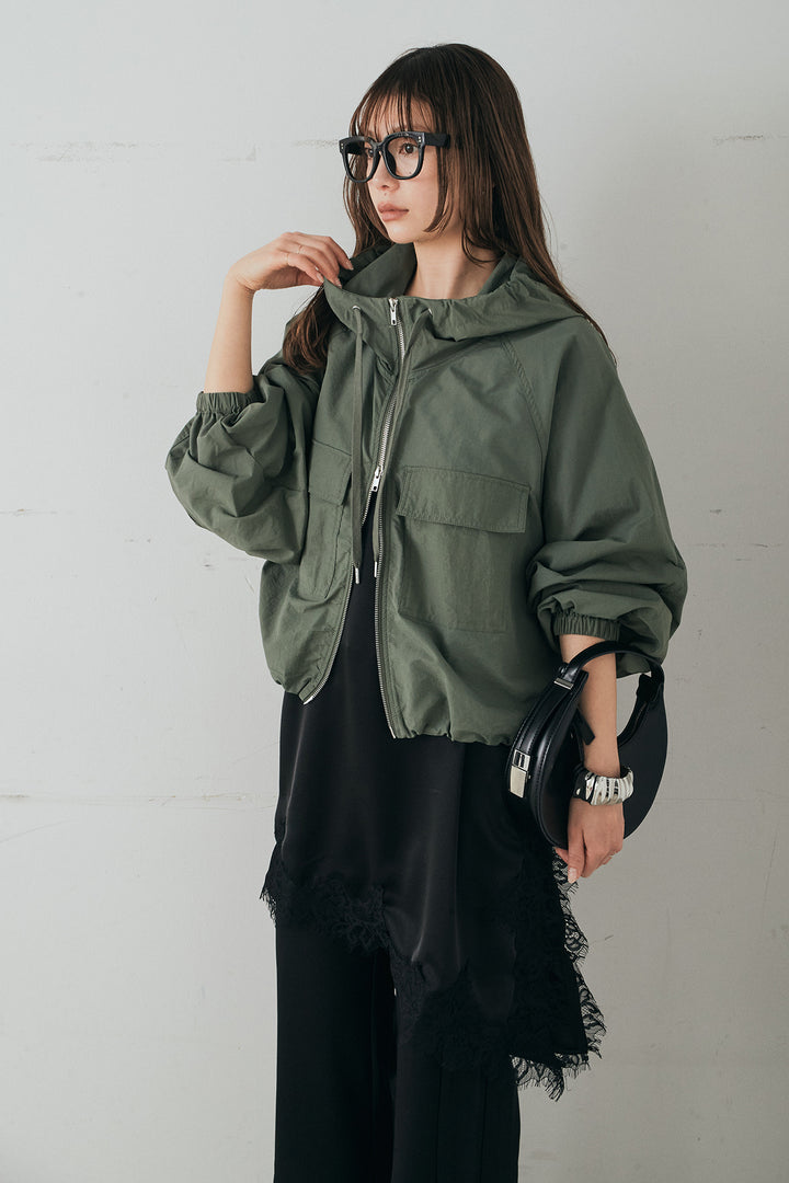 [SET]ナイロンボリュームWジップパーカーブルゾン+サテンレースアシメキャミ(2set)
