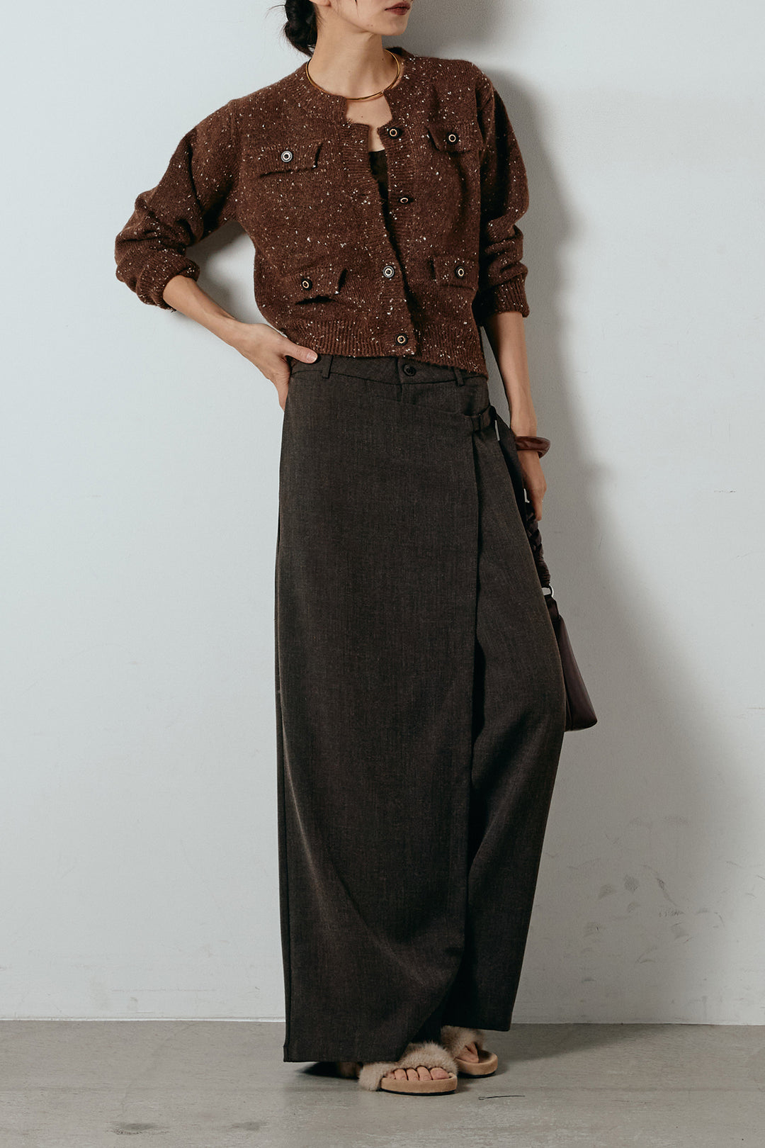 [SET]ネップニットカーディガン+ラップ巻きワイドスラックス(2set)