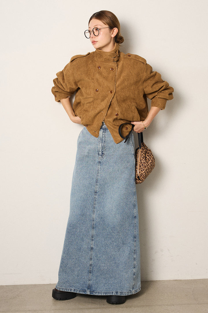 [SET]スタンド襟スウェードライクアウター+デニムロングフレアスカート(2set)