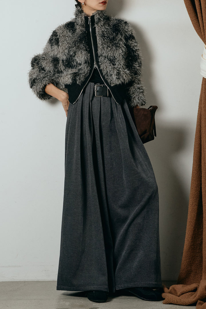 [SET]エコファースタンドカラーニュアンス柄ブルゾン+ベルトループコーデュロイワイドパンツ(2set)