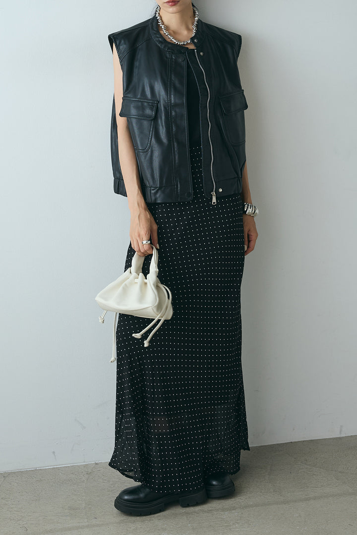 [SET]バンドカラーフェイクレザーベスト+マルチ柄シアースカート(2set)