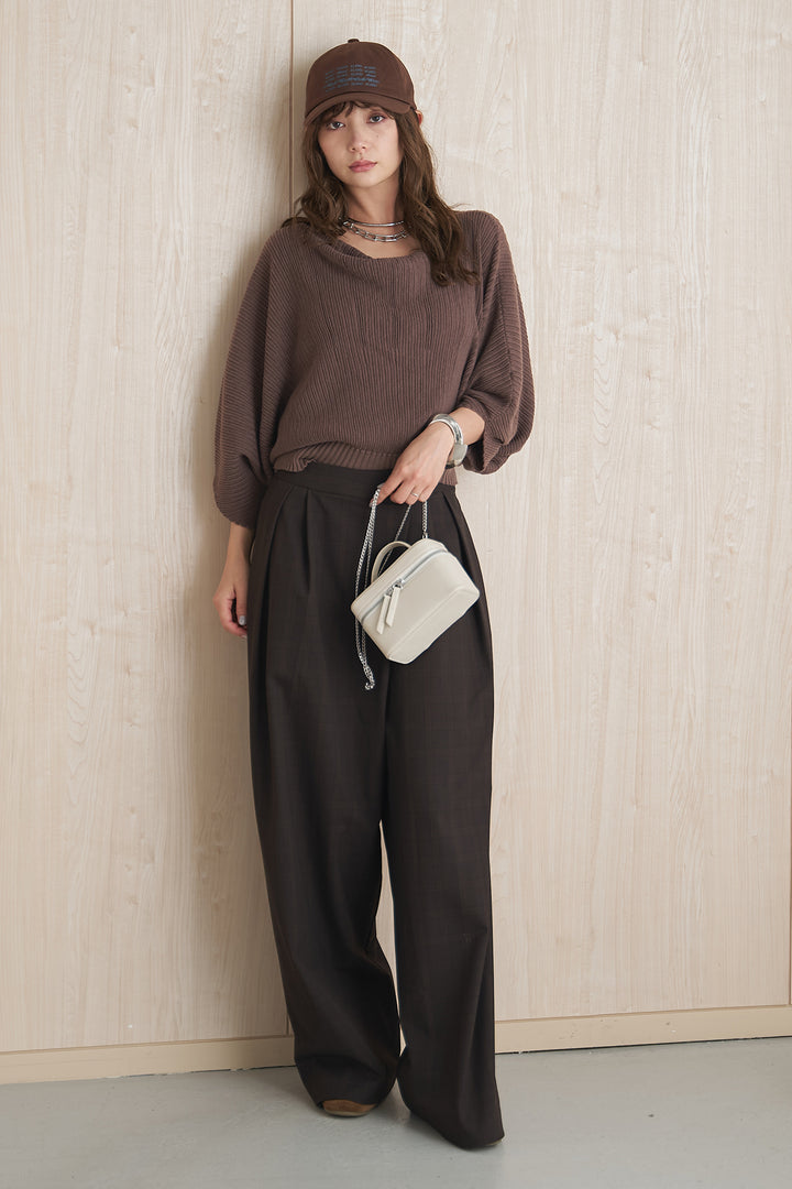 [SET]ドルマンスリーブクロップドリブニット+ウエストアシメタータンチェックパンツ(2set)