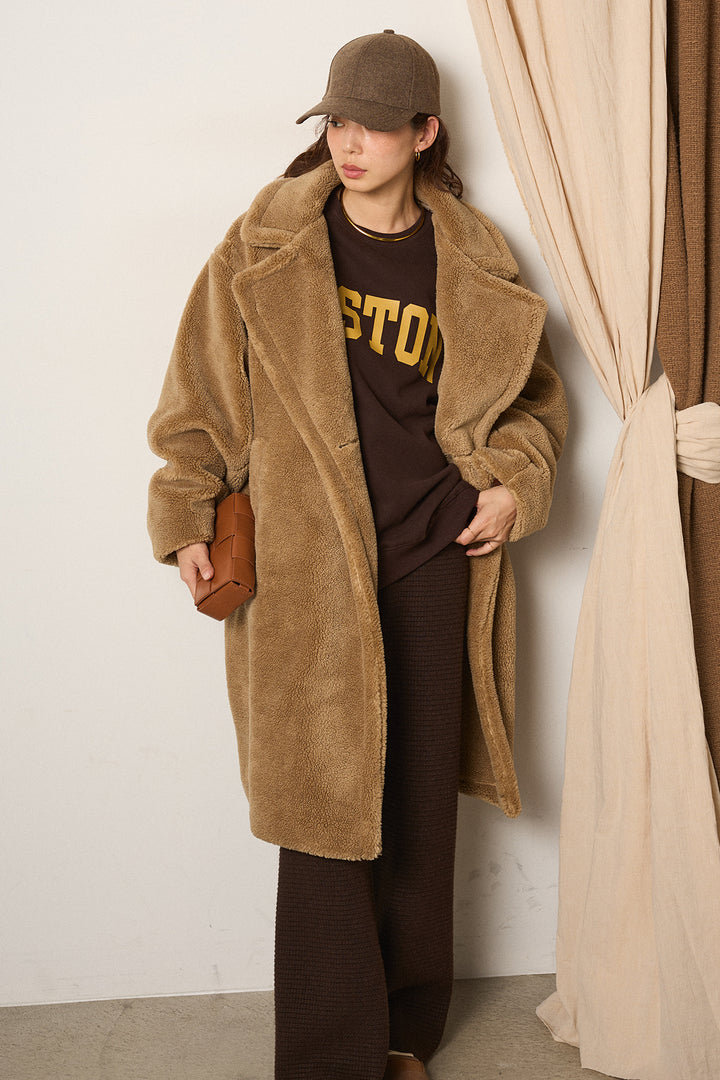 [SET]テディボアロングコート+ロゴデザインルーズスウェット+ワイドリブニットイージーパンツ(3set)