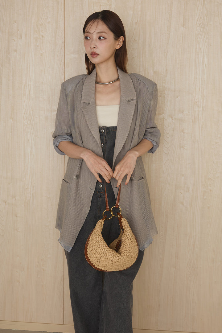 [SET]メッシュテーラードワイドジャケット+フロントボタンデニムサロペット(2set)