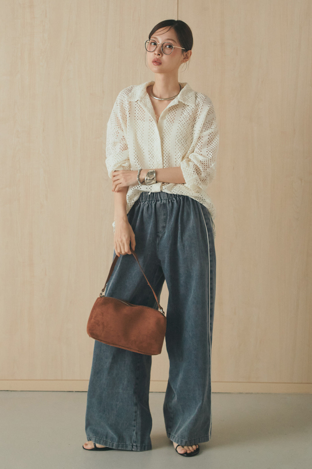 [SET]長袖襟付きレースシャツ+ドロストサイドラインデニムパンツ(2set)