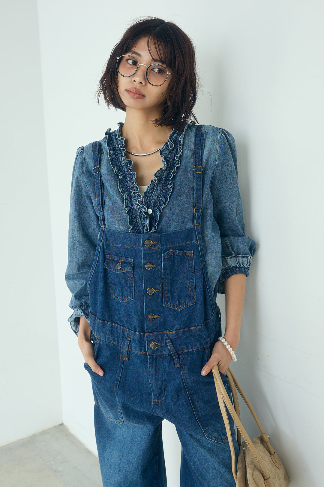 [SET]Vネックデニムフリルトップス+デニムサロペットワイドパンツ(2set)