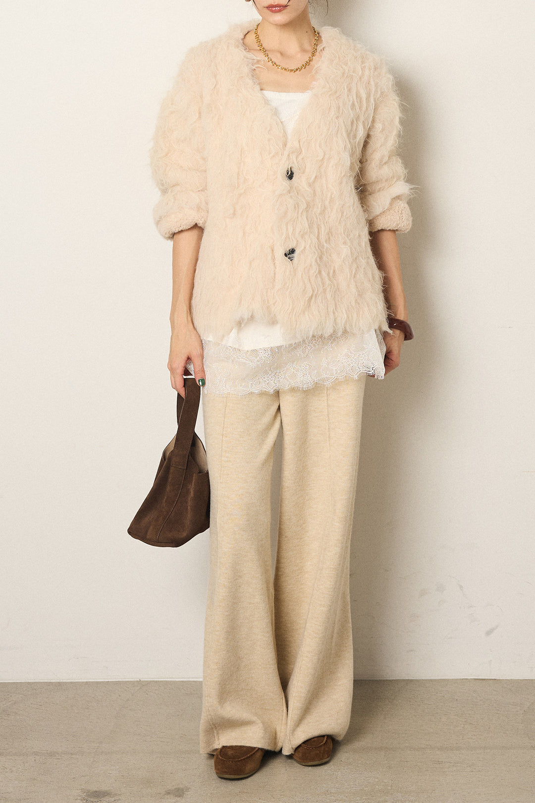 [SET]起毛シャギーニットカーディガン+センターラインニットパンツ+レース切り替えキャミソール(3set)