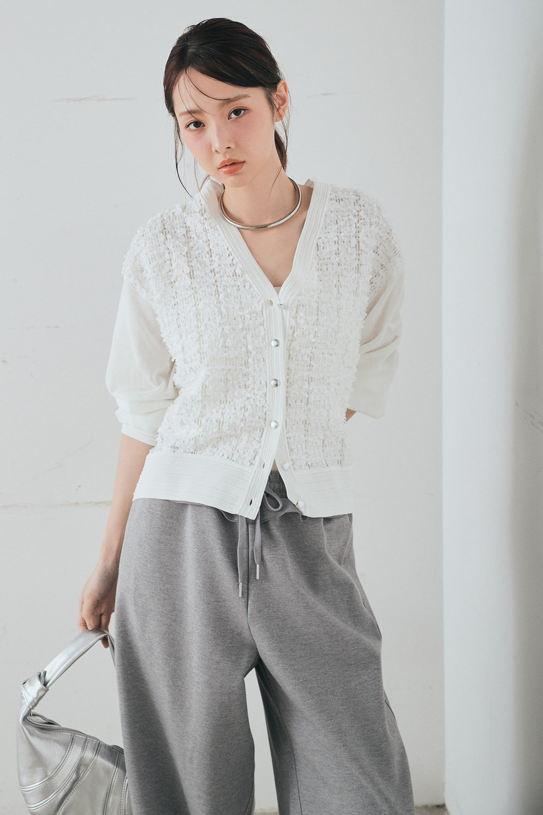 [SET]モコレースVネックカーディガン+カットダンボールウエストフリルカーブパンツ(2set)