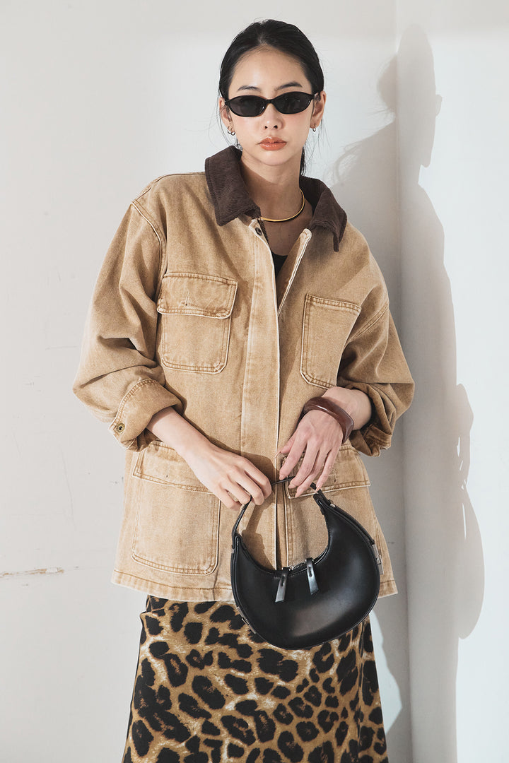 [SET]襟コーデュロイジップデニム調カバーオール+レオパードサテンナロースカート(2set)