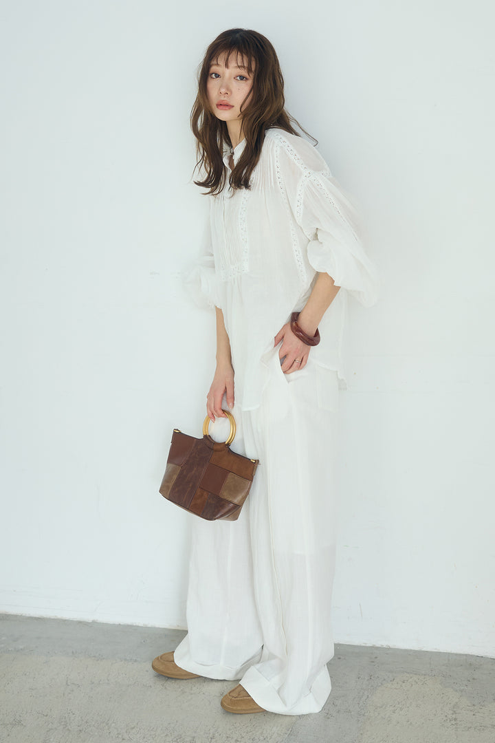 [SET]レース刺繍ラインバンドカラーシャツ+リネン混サイドベルトパンツ(2set)