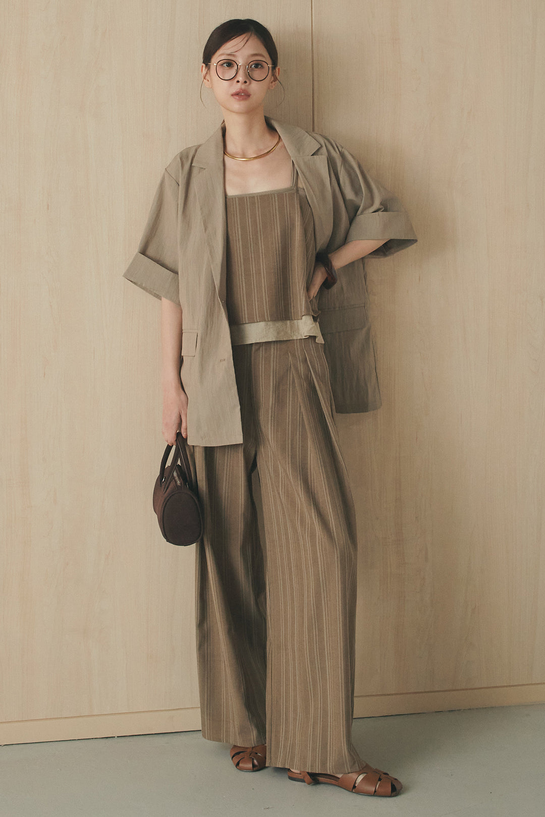 [SET]リネンストライプレイヤードキャミ+リネンストライプタックワイドパンツ(2set)
