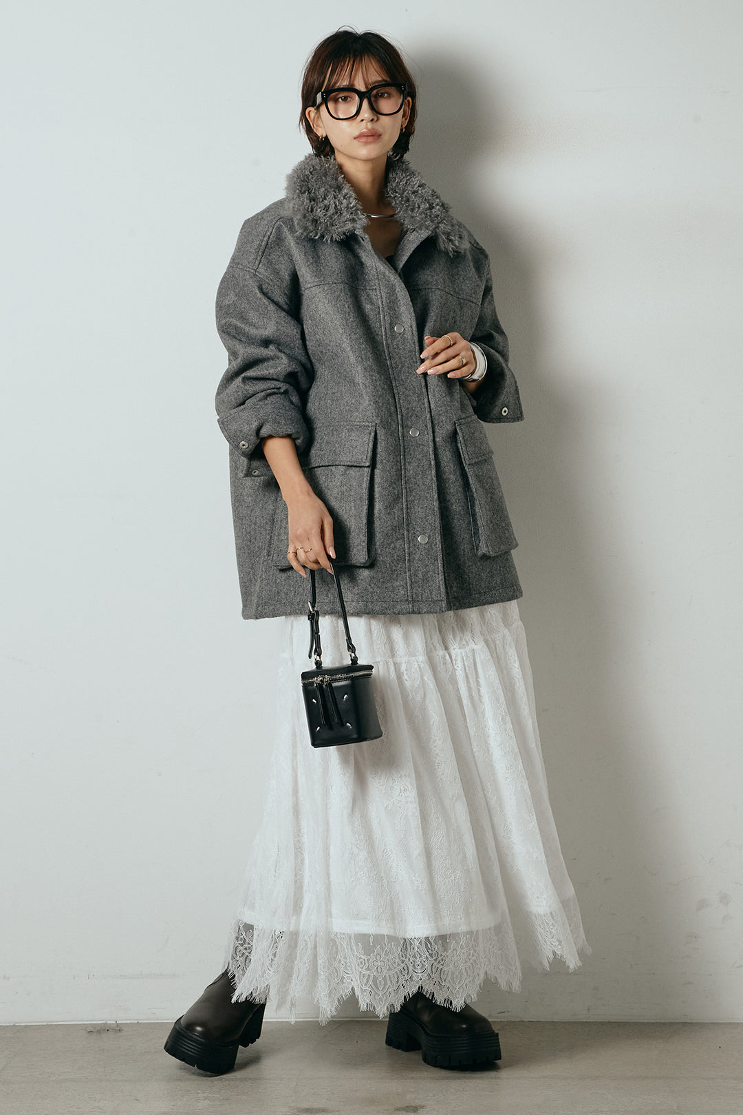 [SET]エコウール衿ファー薄中綿入りミドルカバーオール+ひげレース切替ロング丈スカート(2set)