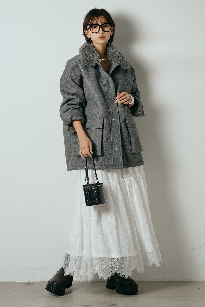 [SET]エコウール衿ファー薄中綿入りミドルカバーオール+ひげレース切替ロング丈スカート(2set)