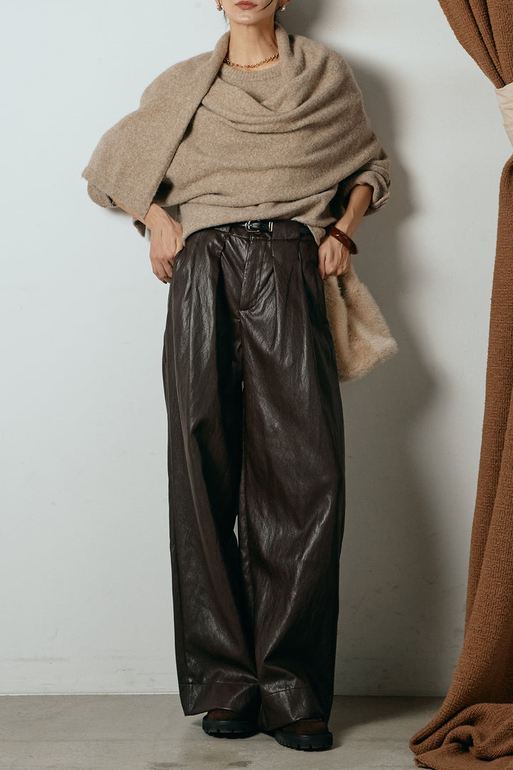 [SET]ネック巻きデザインニットトップス+ベルト付きレザーライクタックパンツ(2set)