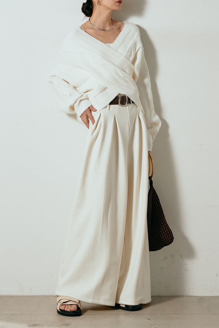 [SET]ケーブルカシュクールニットトップス+フェイクレザー太ベルト付きタックワイドパンツ(2set)
