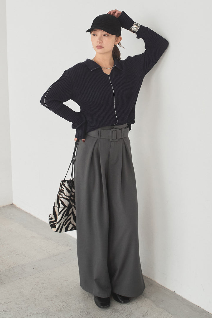 [SET]衿付きニットプルオーバー+ベルト付きツータックワイドパンツ(2set)