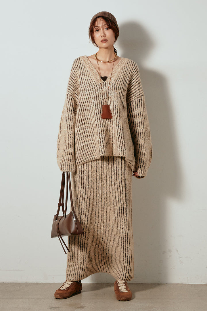 [SET]アルパカタッチ深Vニットトップス+アルパカタッチニットタイトスカート(2set)