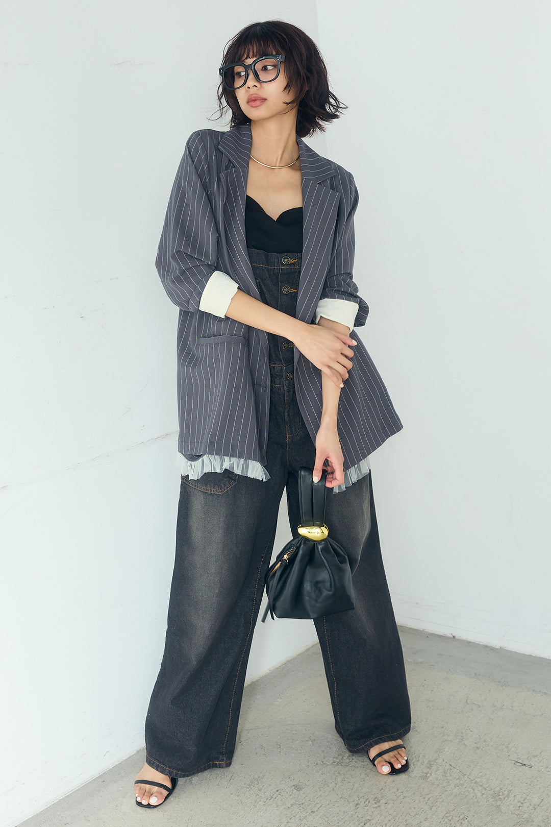 [SET]裾フリルダブルジャケット+デニムサロペットワイドパンツ(2set)