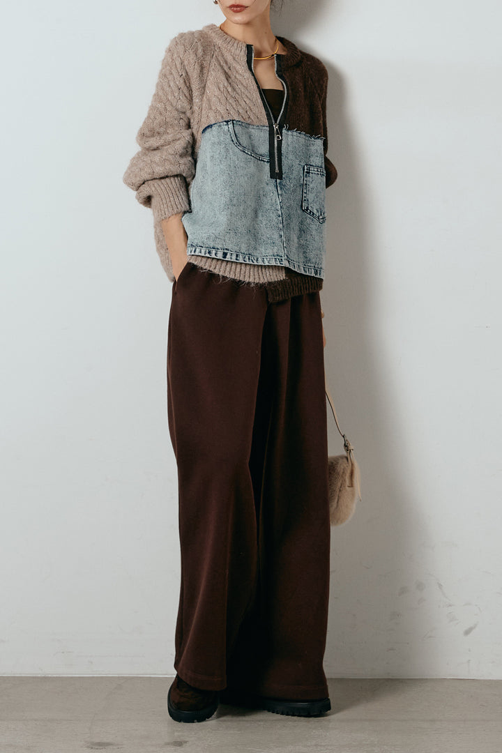 [SET]ハーフジップニットデニムドッキングトップス+裏起毛スウェットワイドパンツ(2set)