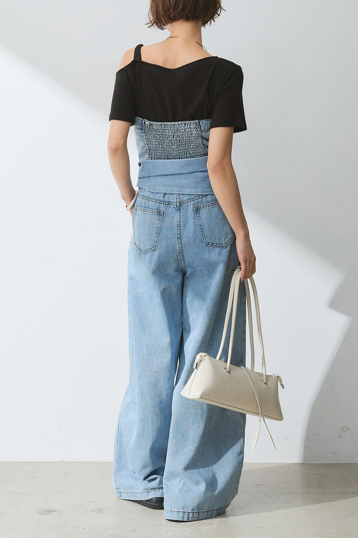 [SET]テキストロゴワンショルTシャツ+2WAYデニムベアサロペット(2set)