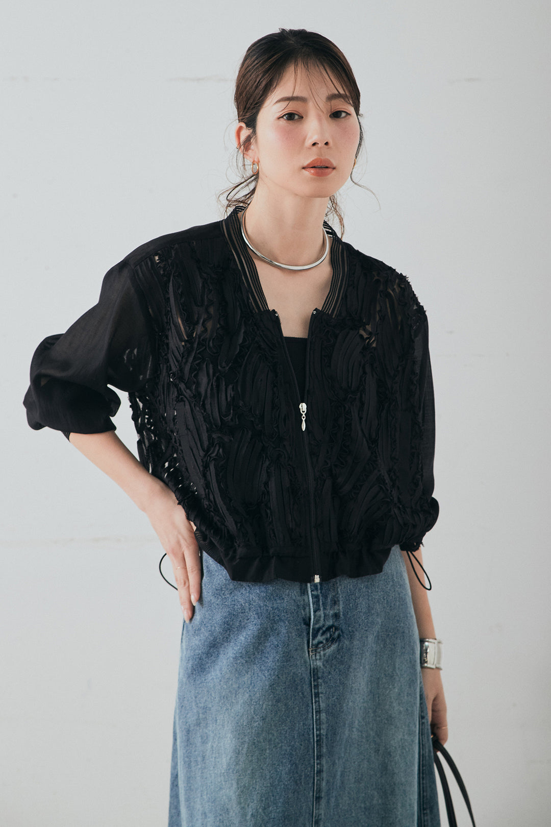 [SET]モチーフ付きシアーブルゾン+デニムロングフレアスカート(2set)