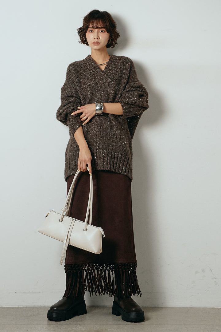[SET]Vネックラメニットトップス+スウェードライク裾フリンジスカート(2set)
