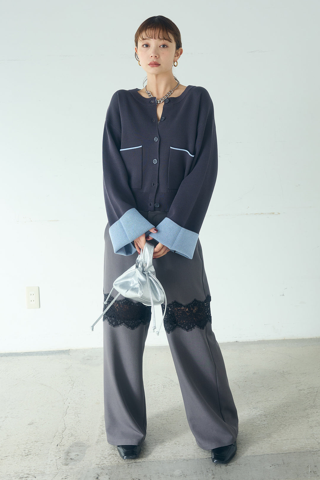 [SET]レーヨンポリダブルフェイスカーディガン+レース刺繍切替ワイドパンツ(2set)