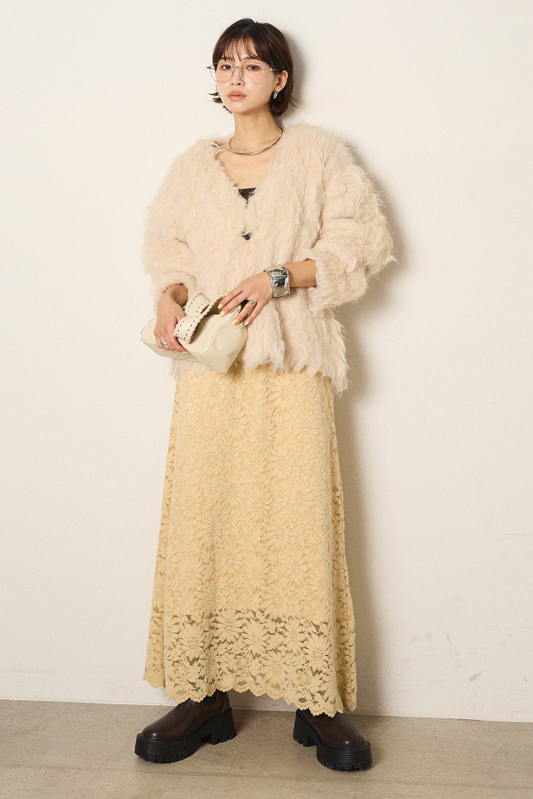 [SET]起毛シャギーニットカーディガン+花柄刺繍ベロアフレアスカート(2set)