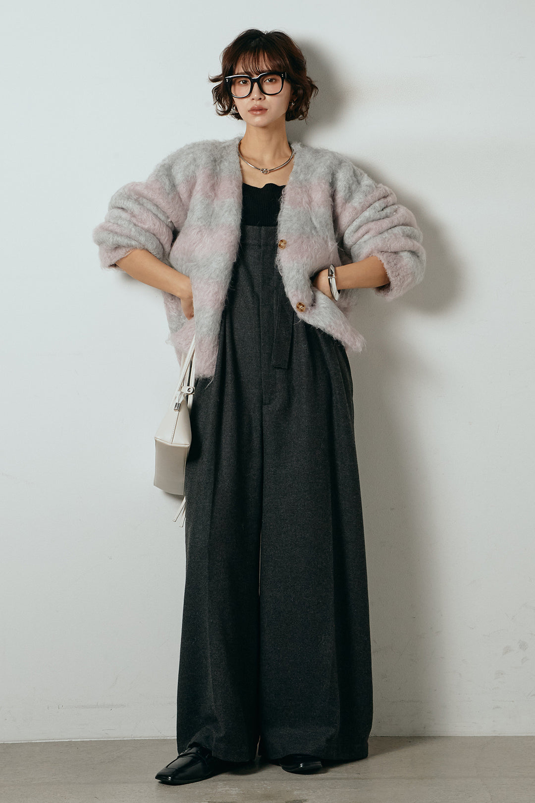 [SET]シャギーボーダー柄ニットカーディガン+ウール混フランネルワイドサロペット(2set)