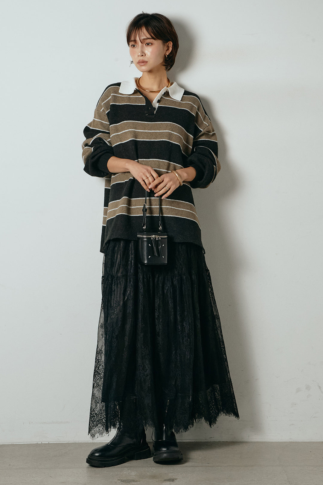 [SET]ラガーニットボーダーポロプルオーバー+ひげレース切替ロング丈スカート(2set)